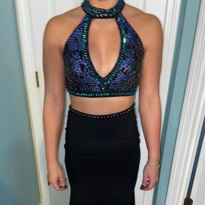 Black/purple/teal two piece formal dress